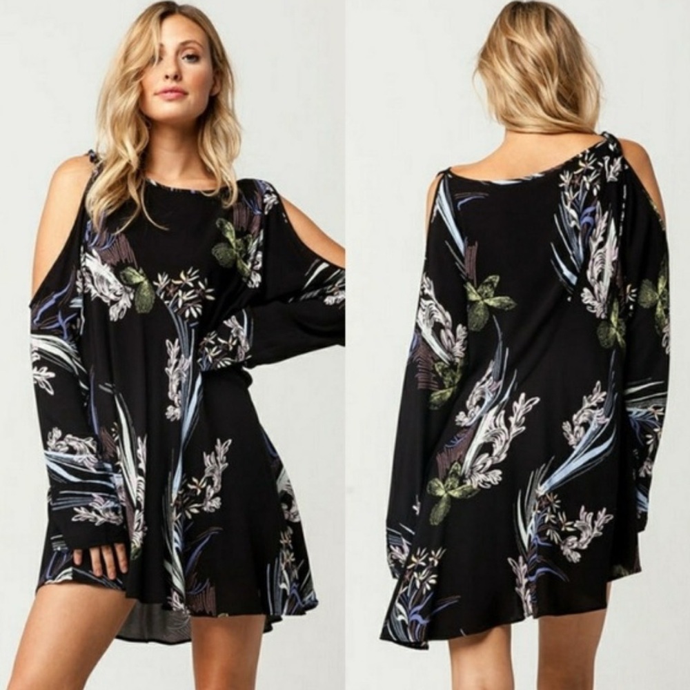Free People cold shoulder asymmetric mini dress Floral Black Dress